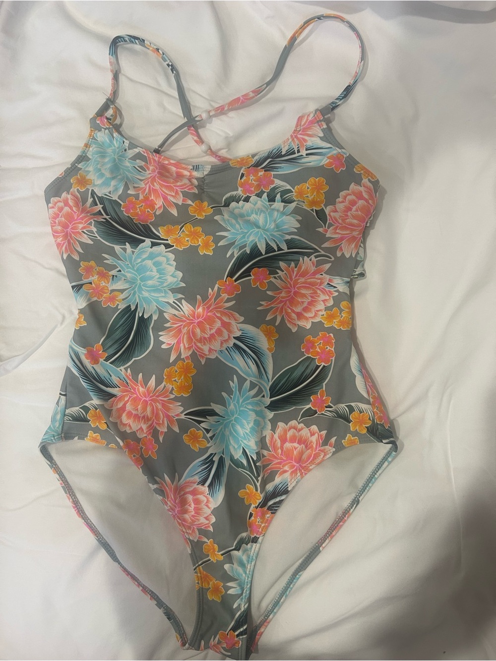 Floral One-Piece Swimsuit in Sage Green with Pink & Blue Blooms